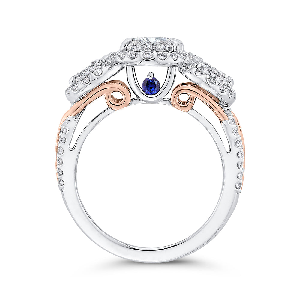 14K Two-Tone Gold Round Diamond Three-Stone Halo Engagement Ring