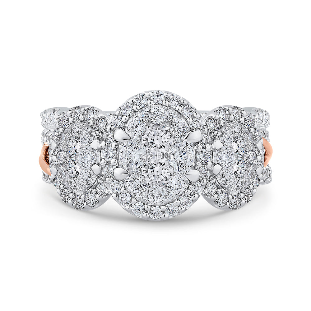 14K Two-Tone Gold Round Diamond Three-Stone Halo Engagement Ring