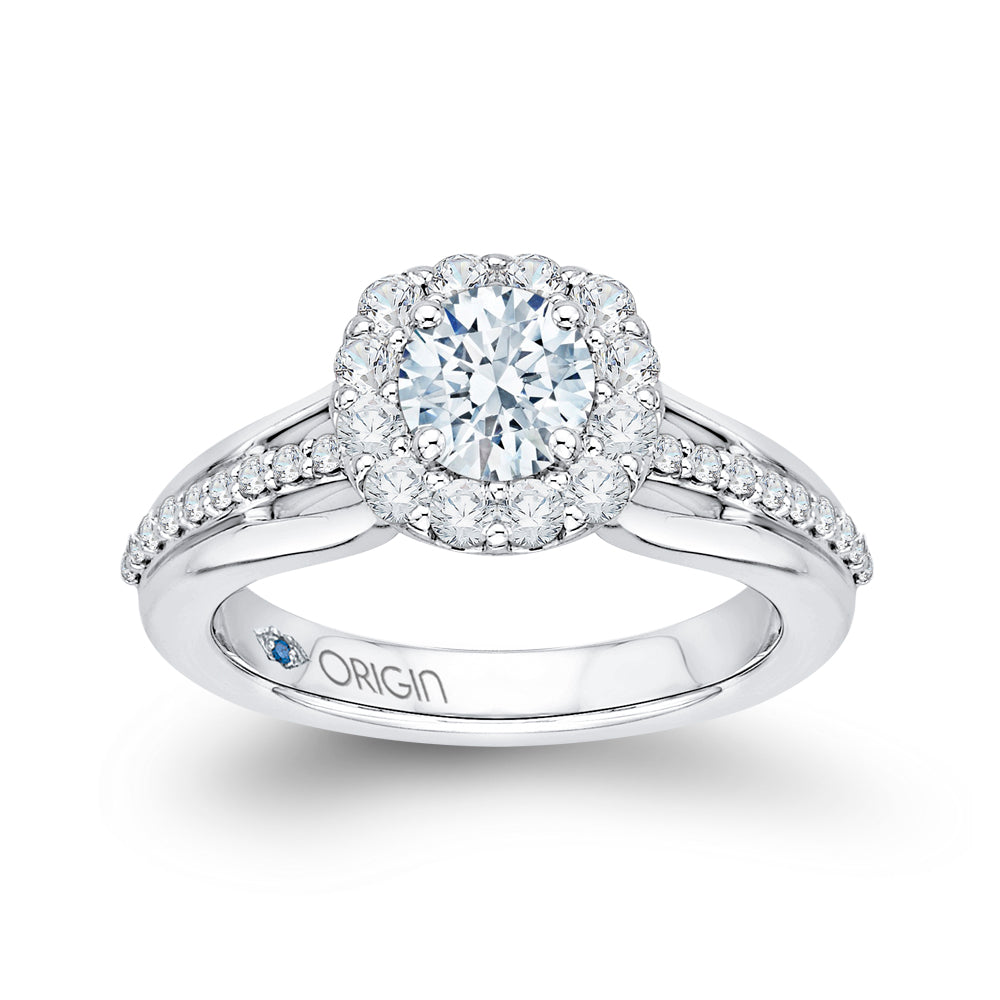 14K White Gold Round Diamond Halo Engagement Ring Set with Split Shank