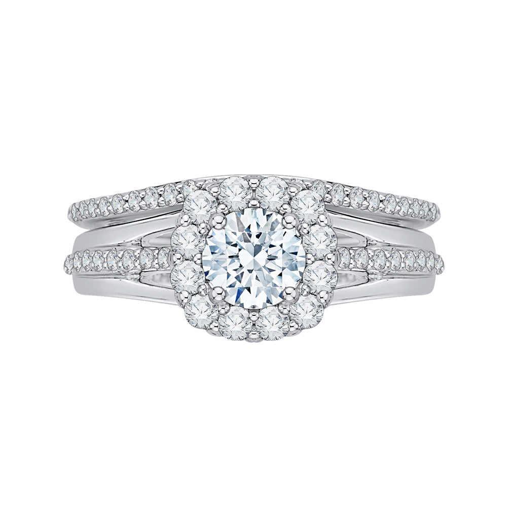 14K White Gold Round Diamond Halo Engagement Ring Set with Split Shank