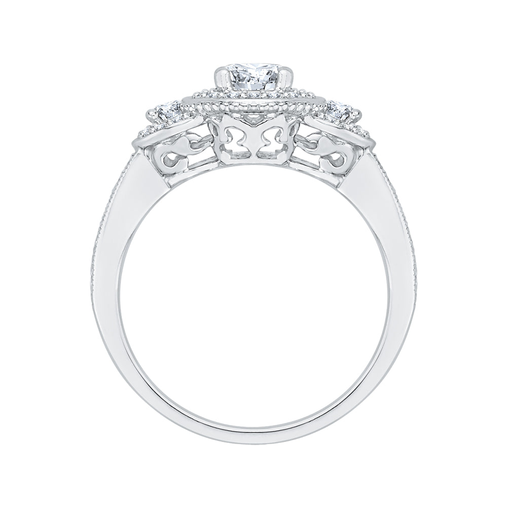 Round Cut Diamond Three-Stone Halo Engagement Ring In 14K White Gold