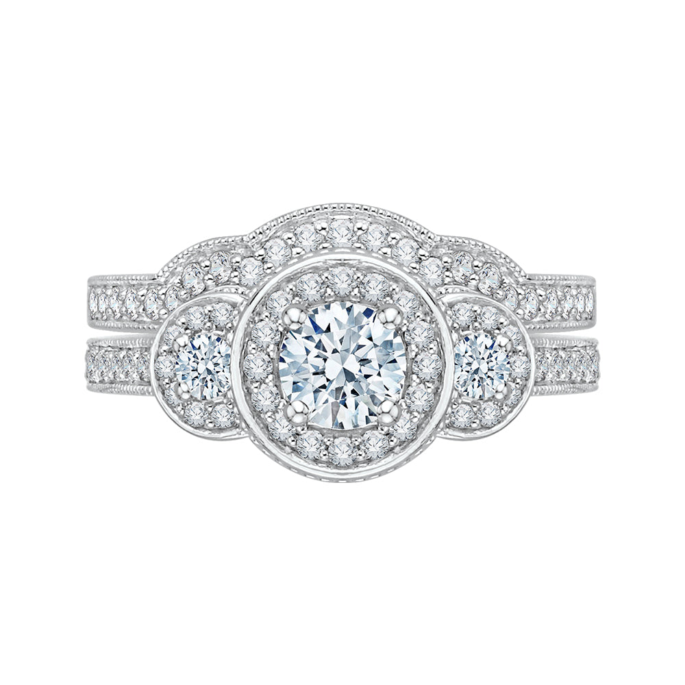 Round Cut Diamond Three-Stone Halo Engagement Ring In 14K White Gold