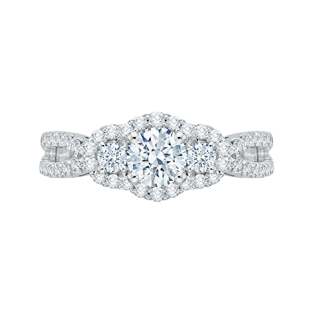 14K White Gold Round Cut Diamond Three-Stone Halo Engagement Ring