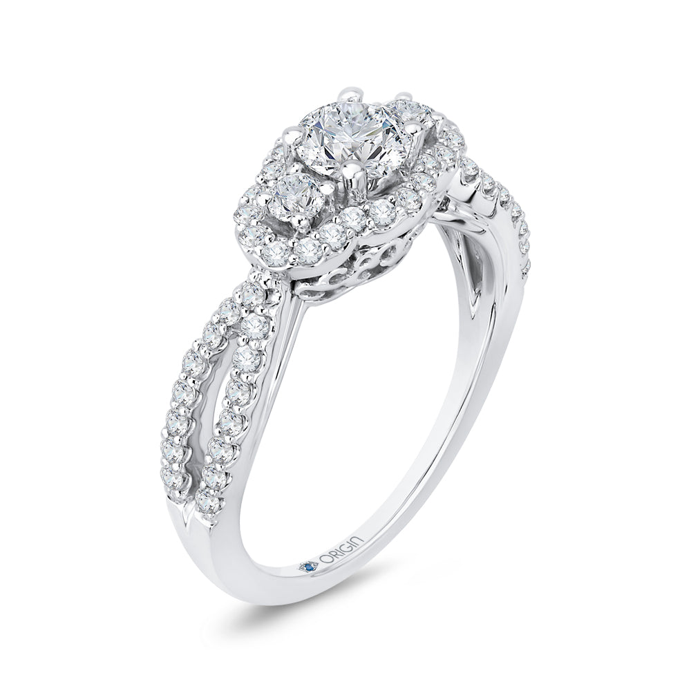 14K White Gold Round Cut Diamond Three-Stone Halo Engagement Ring