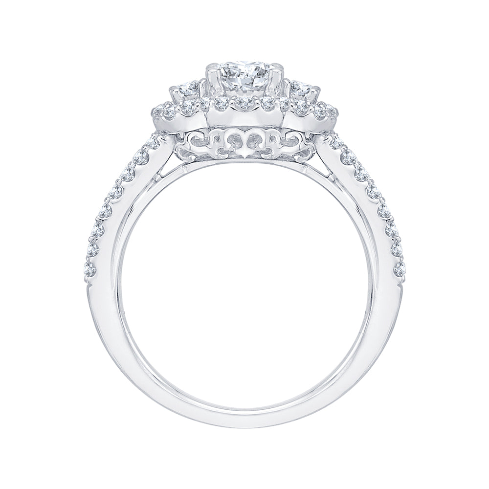 14K White Gold Round Cut Diamond Three-Stone Halo Engagement Ring