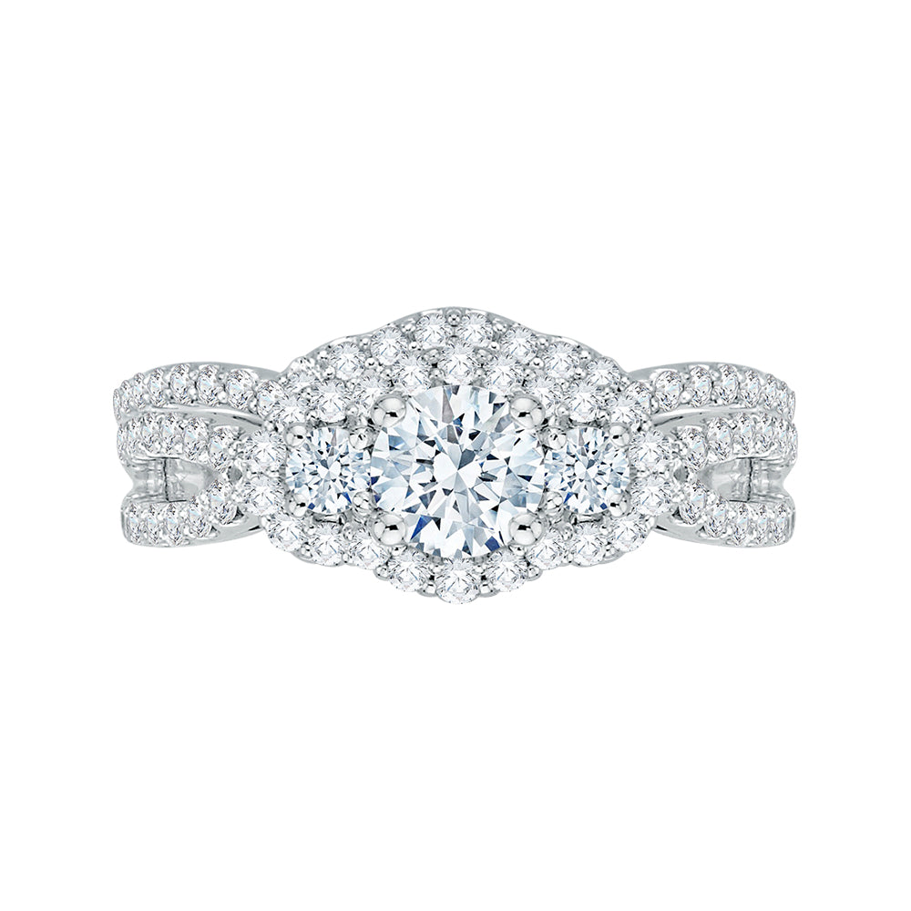 14K White Gold Round Cut Diamond Three-Stone Halo Engagement Ring