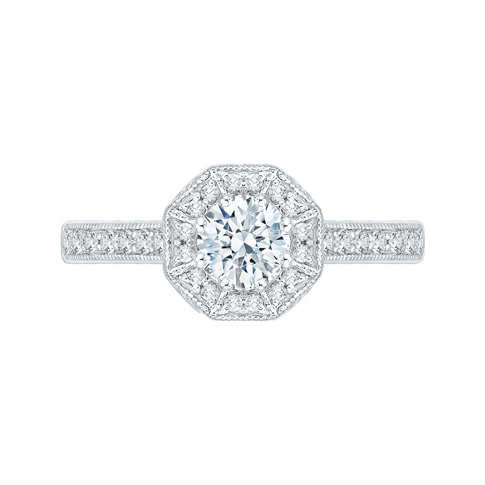 14K White Gold Round Diamond Octagon Shape Halo Engagement Ring