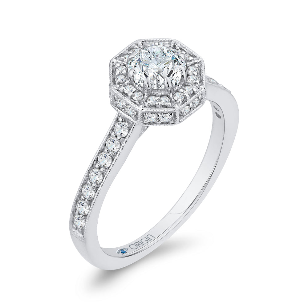14K White Gold Round Diamond Octagon Shape Halo Engagement Ring