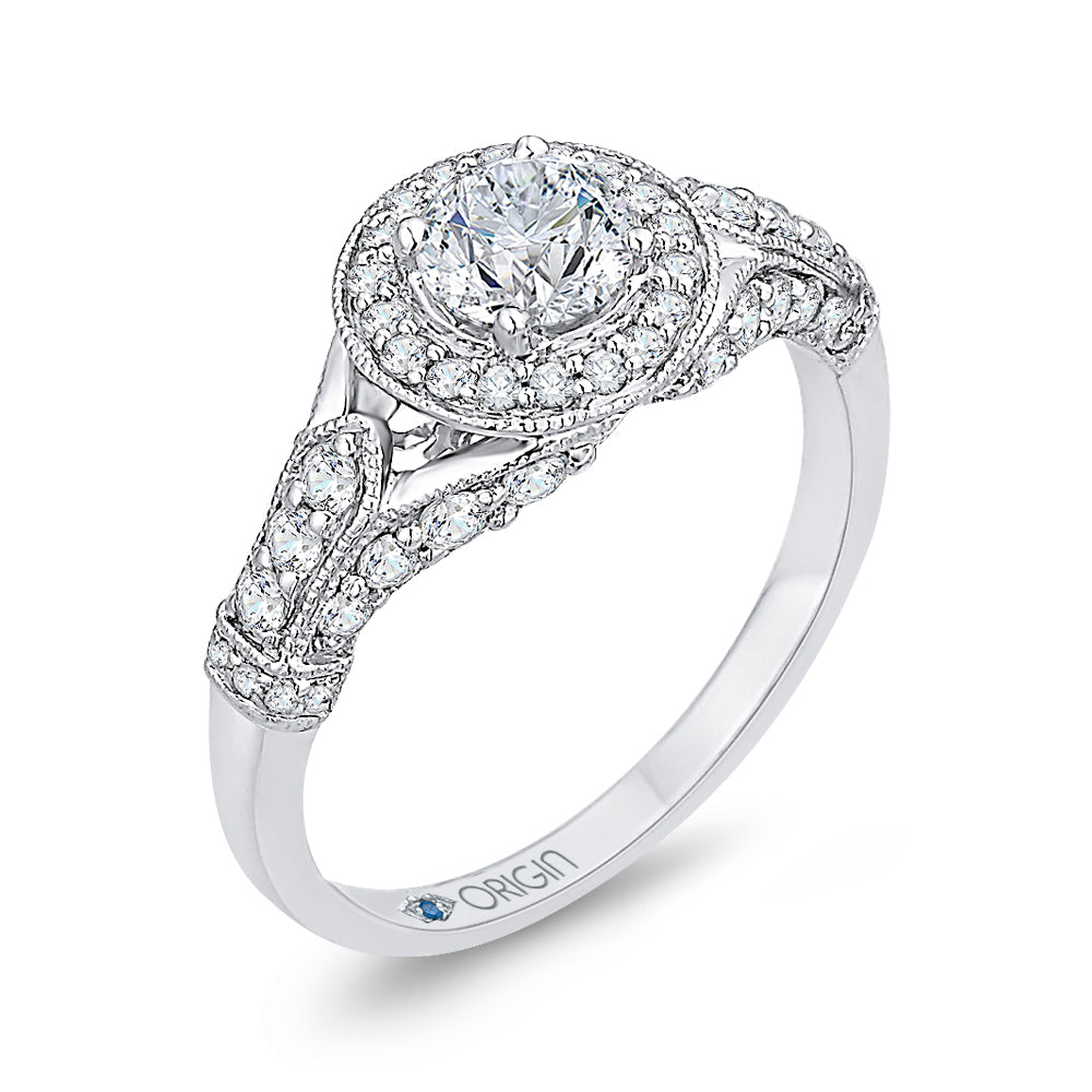 14K White Gold Round Diamond Halo Engagement Ring with Split Shank