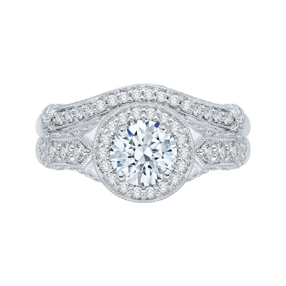 14K White Gold Round Diamond Halo Engagement Ring with Split Shank