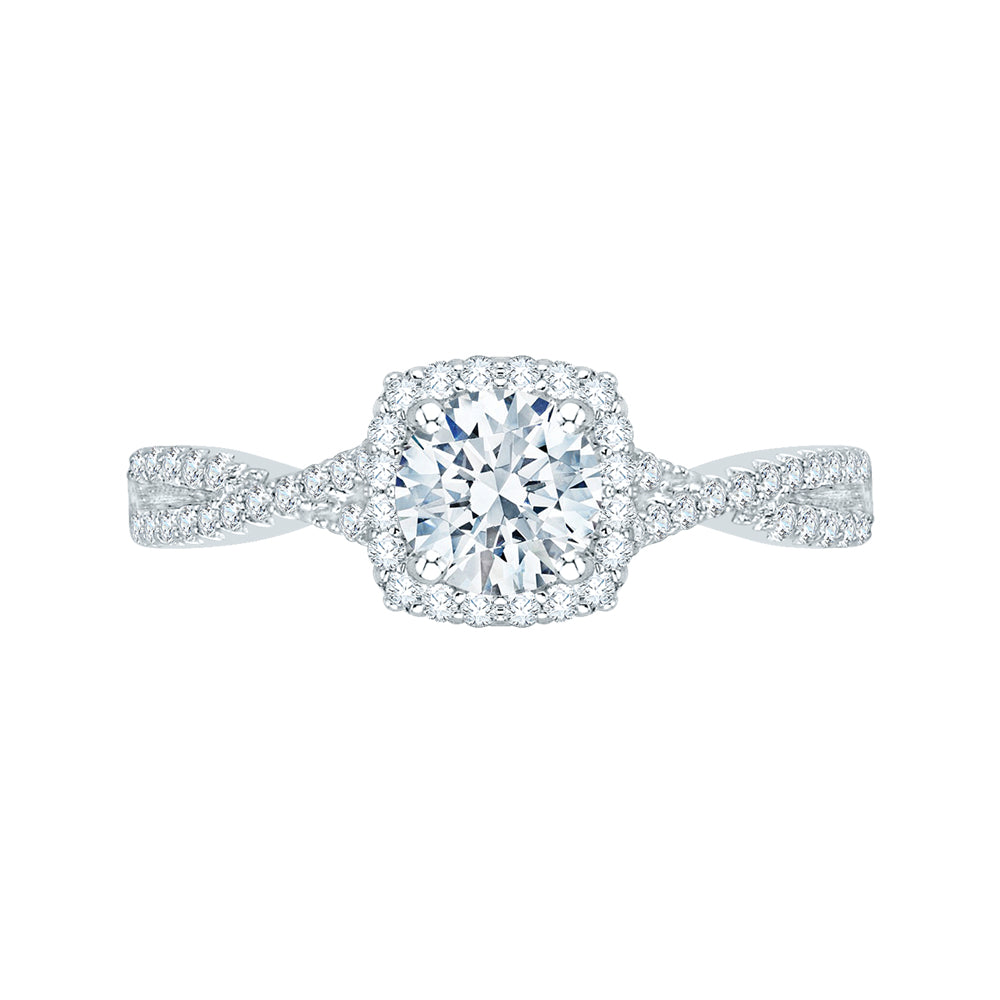 14K White Gold Round Diamond Halo Engagement Ring with Split Shank