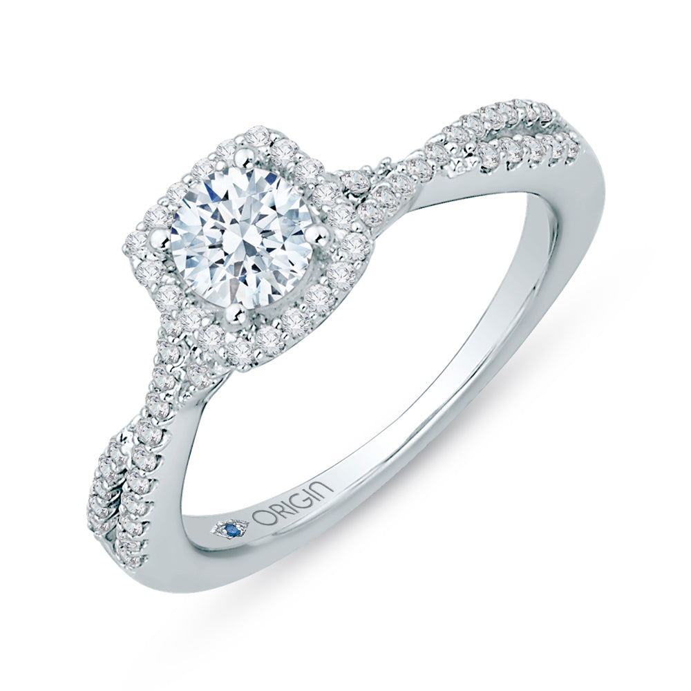 14K White Gold Round Diamond Halo Engagement Ring with Split Shank