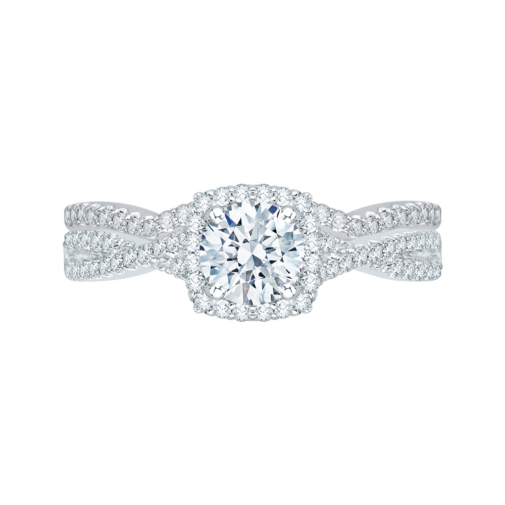 14K White Gold Round Diamond Halo Engagement Ring with Split Shank