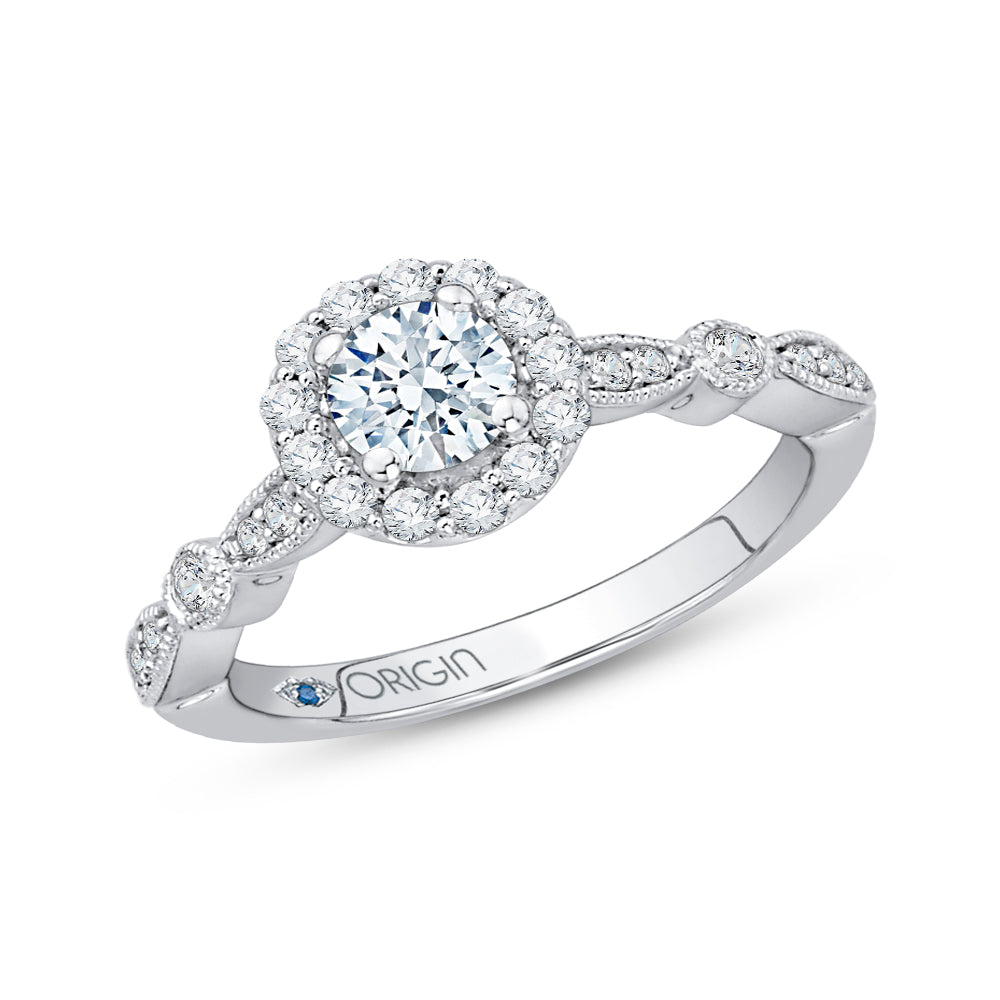 14K White Gold Round Cut Diamond Halo Engagement Ring