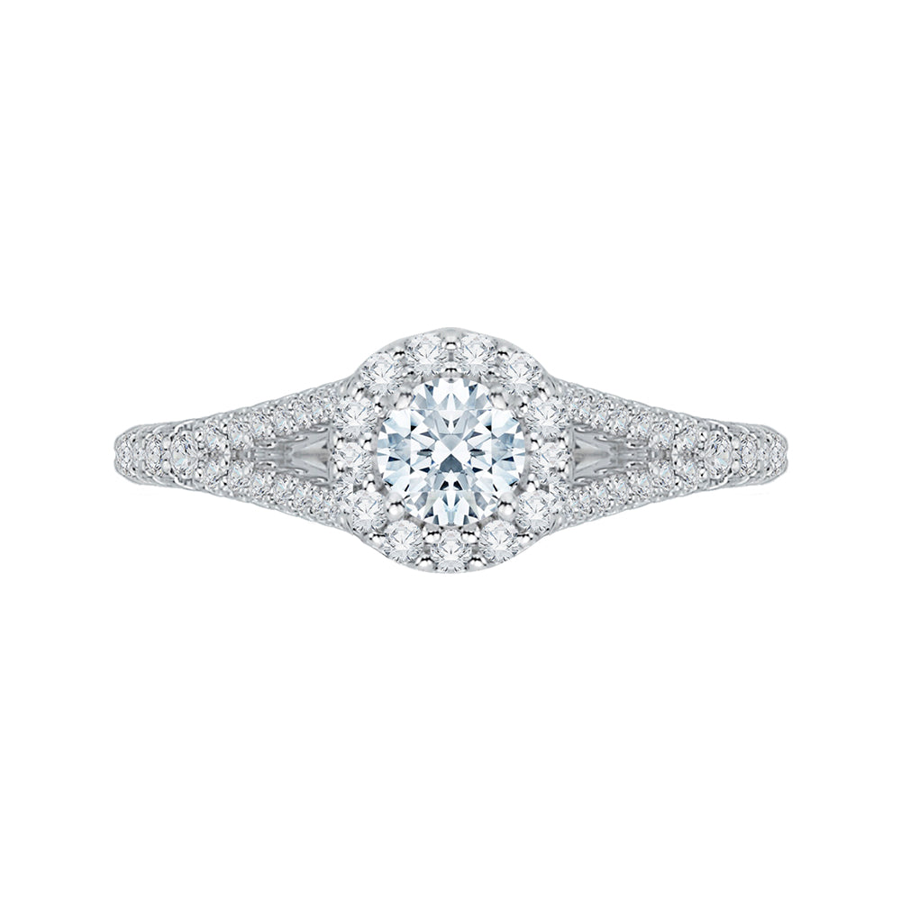 14K White Gold Round Diamond Halo Engagement Ring with Split Shank