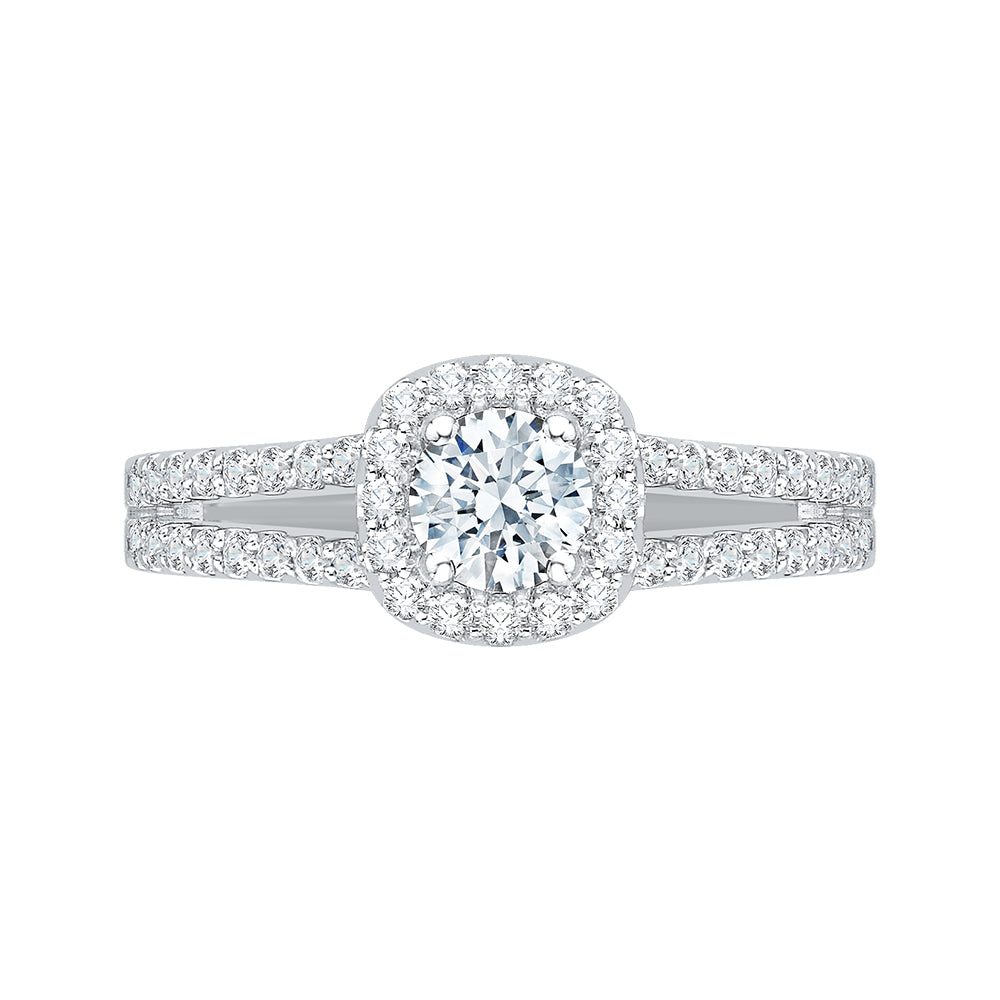 14K White Gold Split Shank Round Diamond Halo Engagement Ring