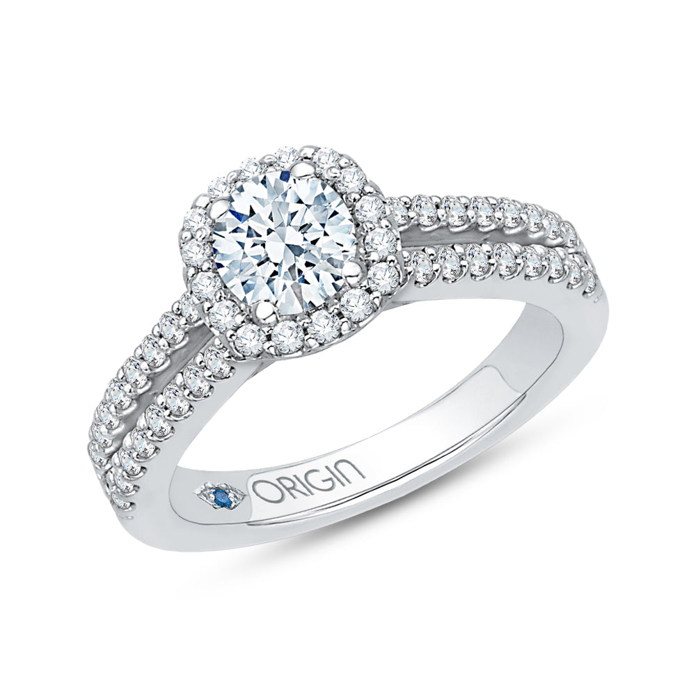14K White Gold Split Shank Round Diamond Halo Engagement Ring