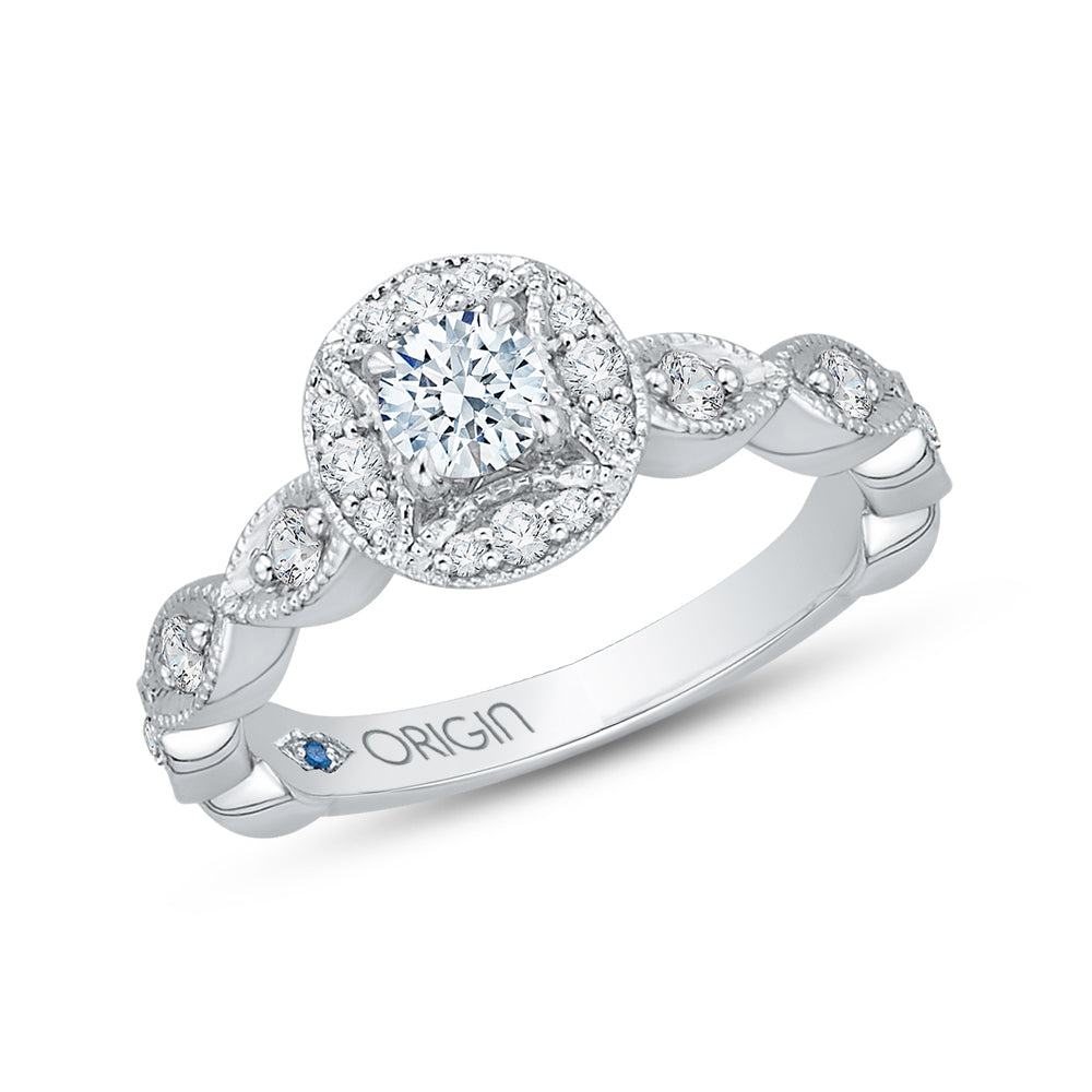 14K White Gold Round Cut Diamond Halo Engagement Ring