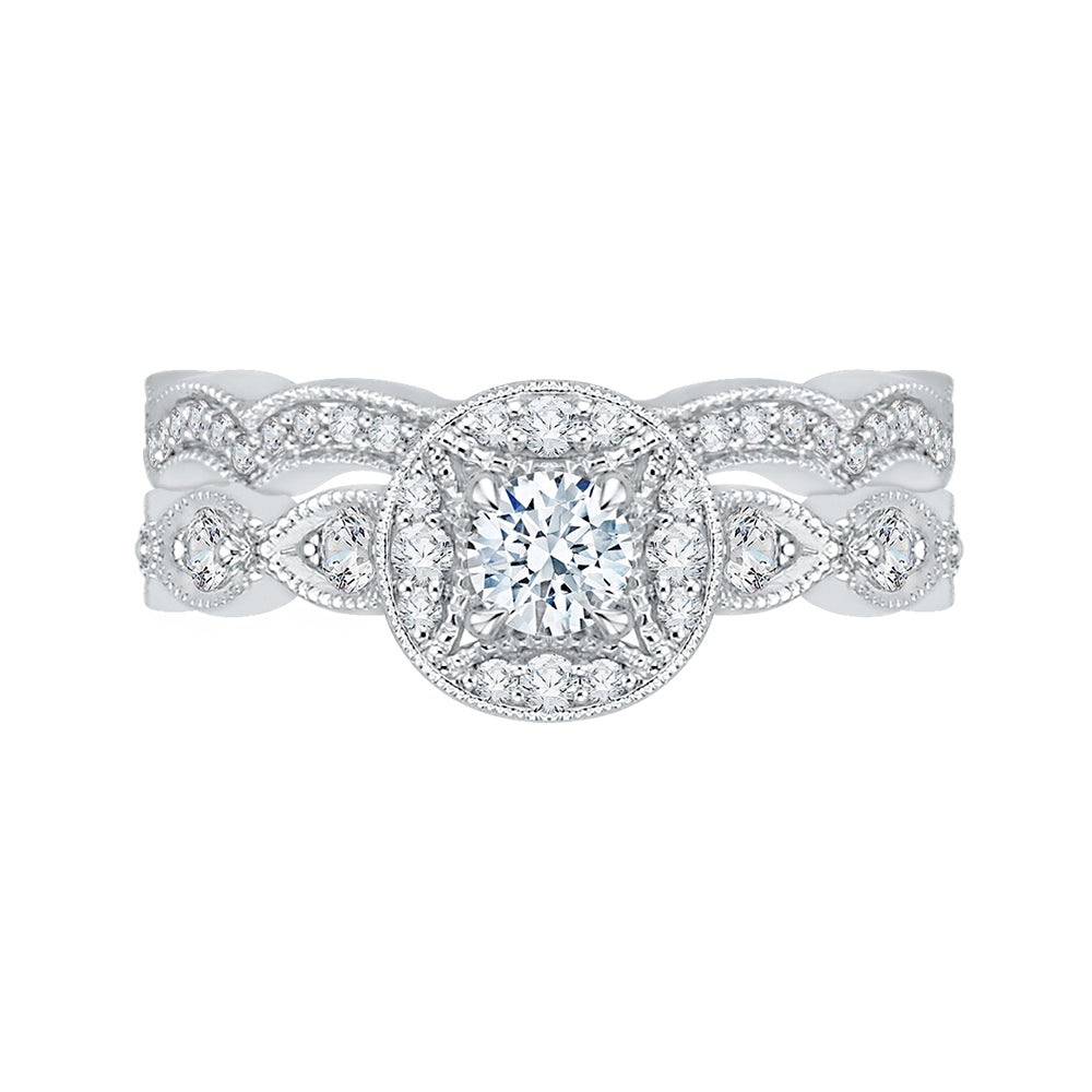14K White Gold Round Cut Diamond Halo Engagement Ring