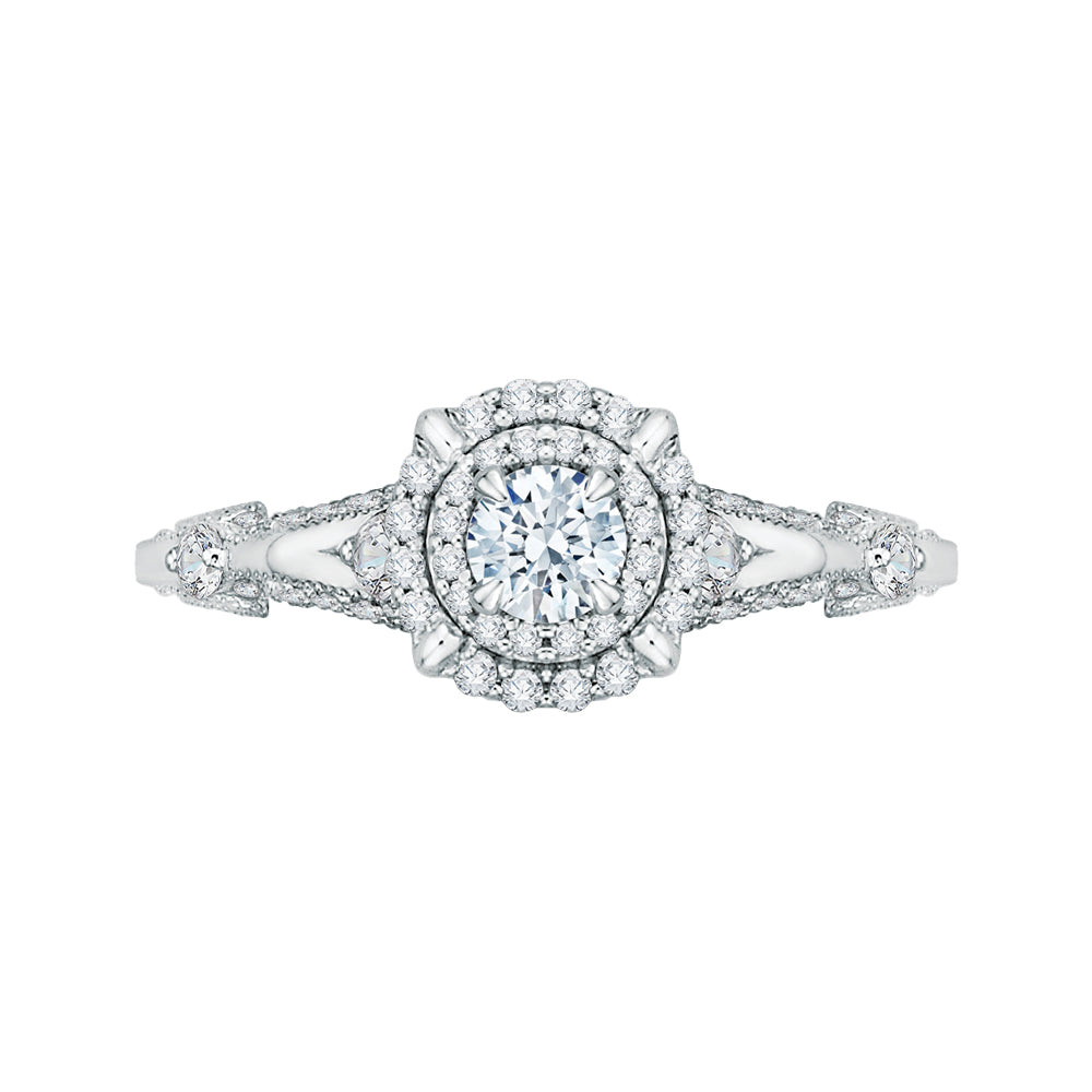 14K White Gold Round Diamond Double Halo Vintage Engagement Ring