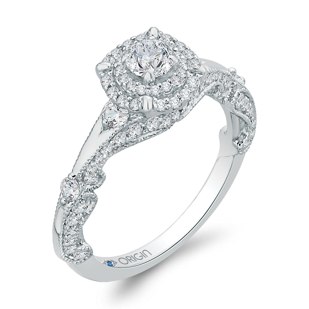 14K White Gold Round Diamond Double Halo Vintage Engagement Ring