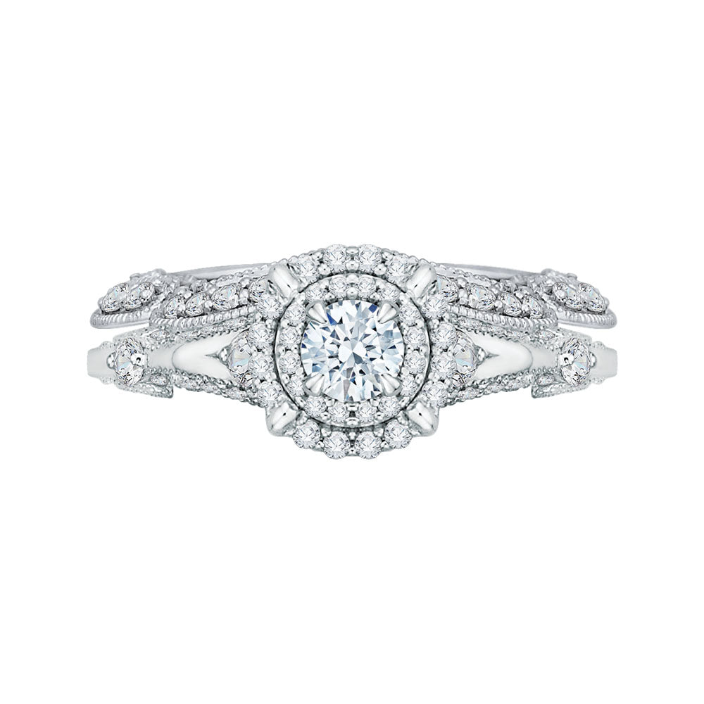 14K White Gold Round Diamond Double Halo Vintage Engagement Ring