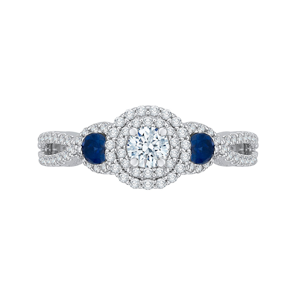 14K White Gold Round Cut Diamond And Sapphire Three-Stone Halo Engagement Ring