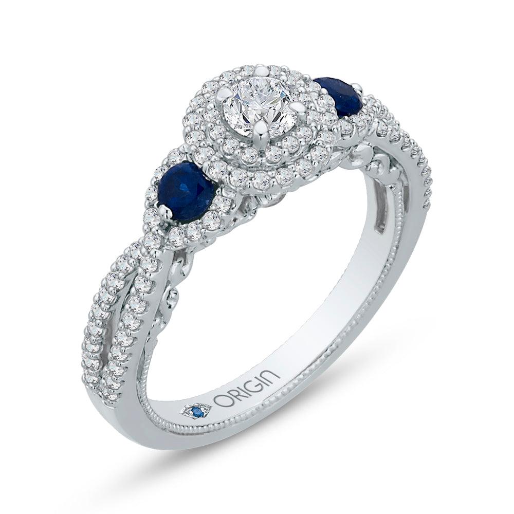 14K White Gold Round Cut Diamond And Sapphire Three-Stone Halo Engagement Ring