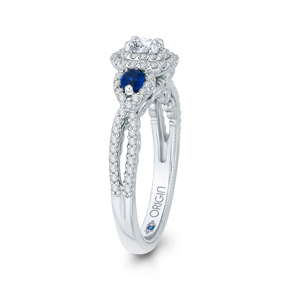 14K White Gold Round Cut Diamond And Sapphire Three-Stone Halo Engagement Ring