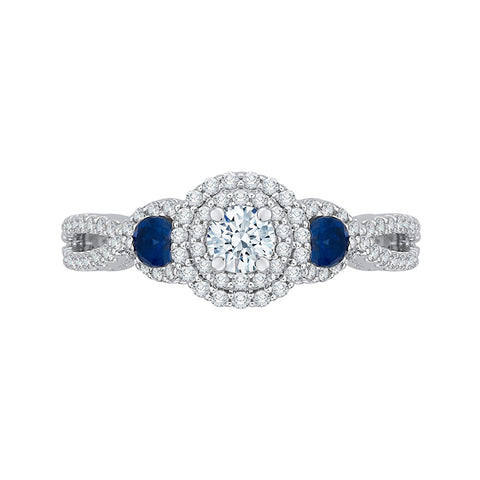 14K White Gold Round Cut Diamond And Sapphire Three-Stone Halo Engagement Ring
