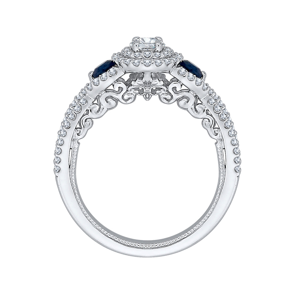 14K White Gold Round Cut Diamond And Sapphire Three-Stone Halo Engagement Ring