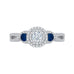 14K White Gold Round Cut Diamond And Sapphire Three-Stone Halo Engagement Ring