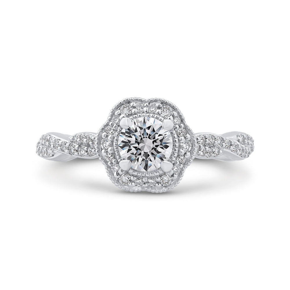 14K White Gold Round Diamond Floral Halo Engagement Ring