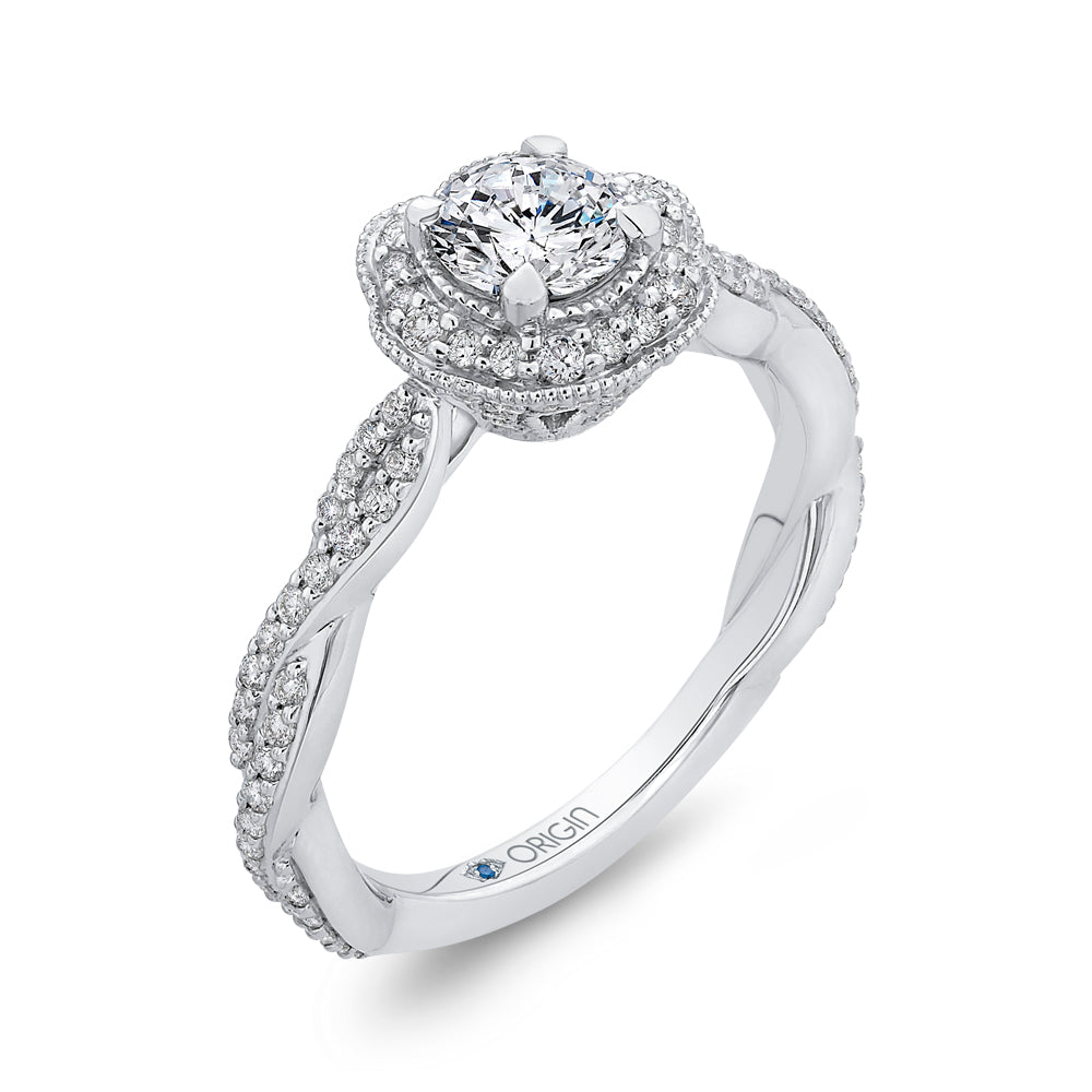 14K White Gold Round Diamond Floral Halo Engagement Ring