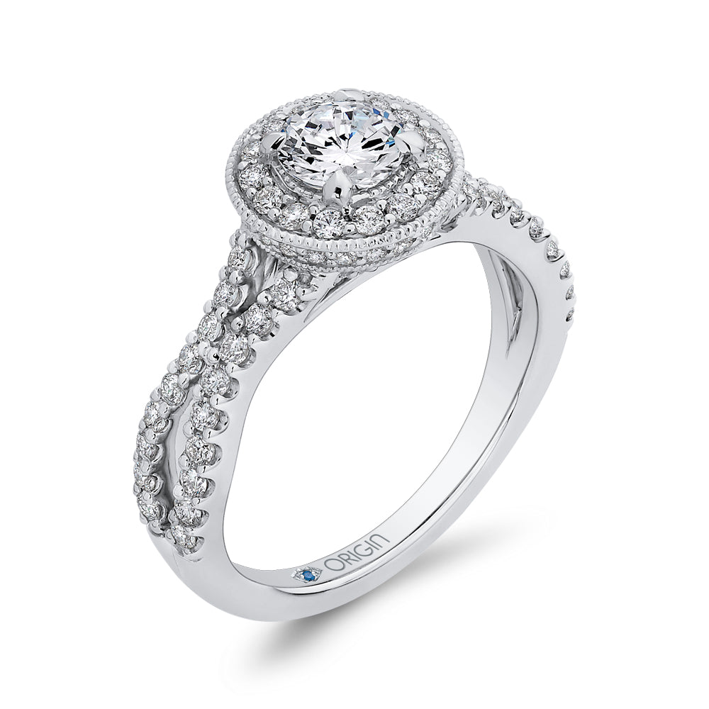 Round Diamond Halo Engagement Ring with Split Shank In 14K White Gold