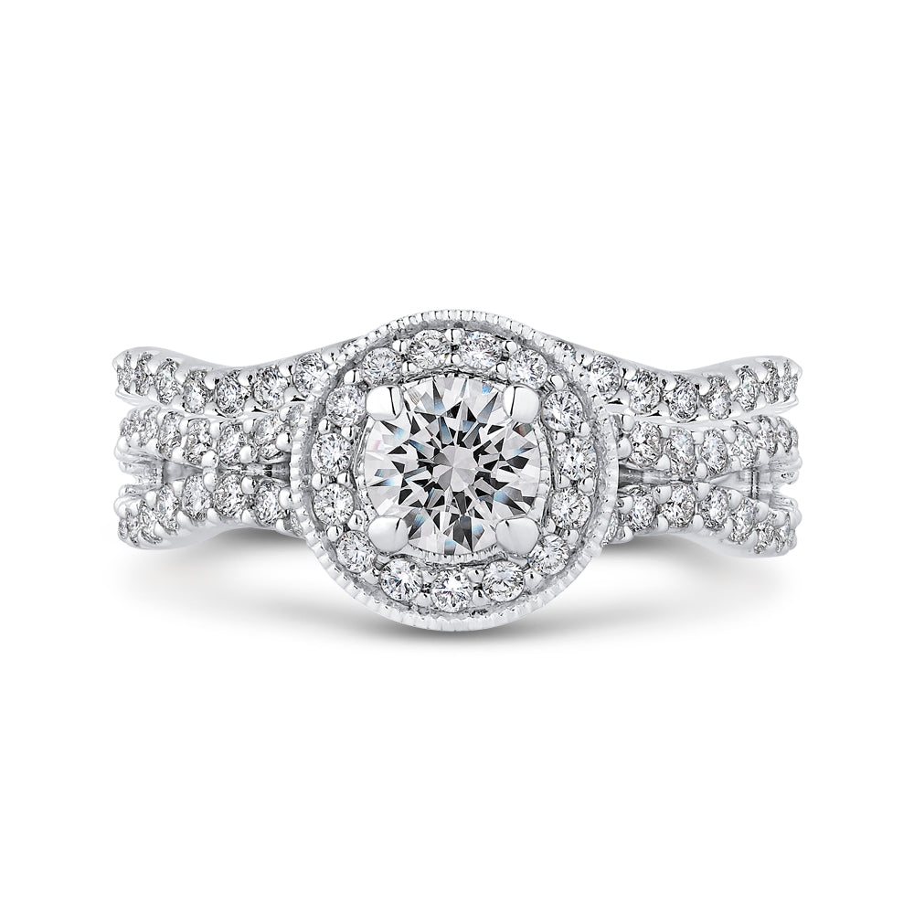 Round Diamond Halo Engagement Ring with Split Shank In 14K White Gold