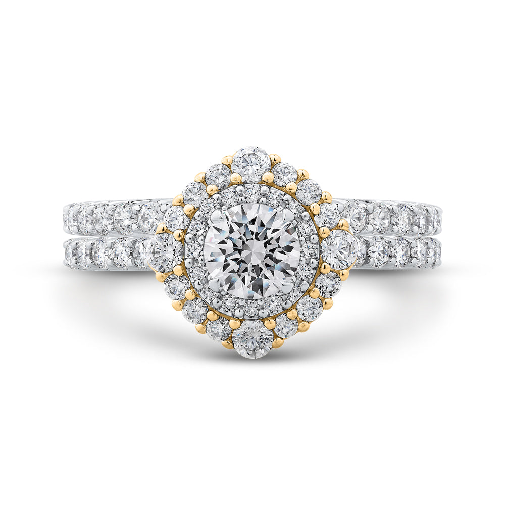 14K Two Tone Gold Round Diamond Double Halo Engagement Ring