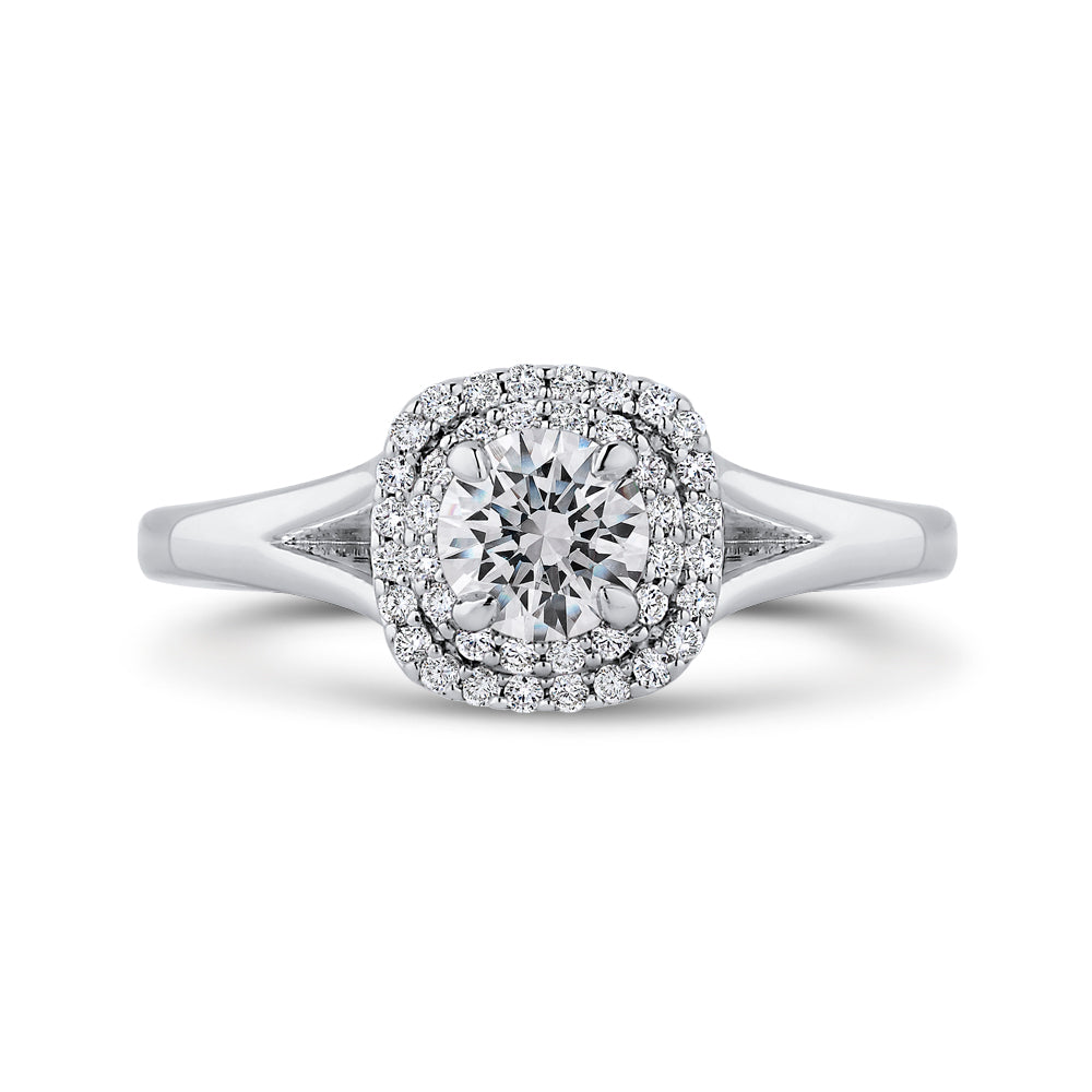 14K White Gold Round Diamond Double Halo with Spit Shank Engagement Ring