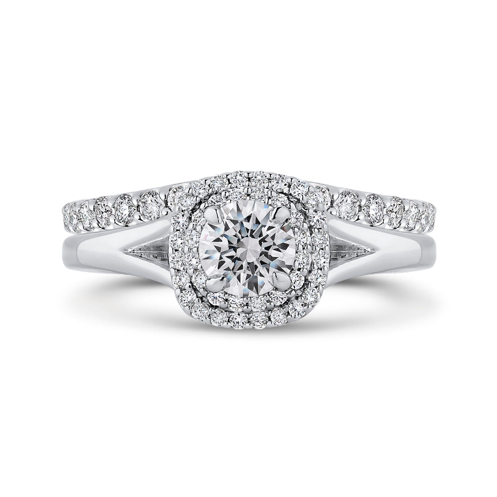 14K White Gold Round Diamond Double Halo with Spit Shank Engagement Ring