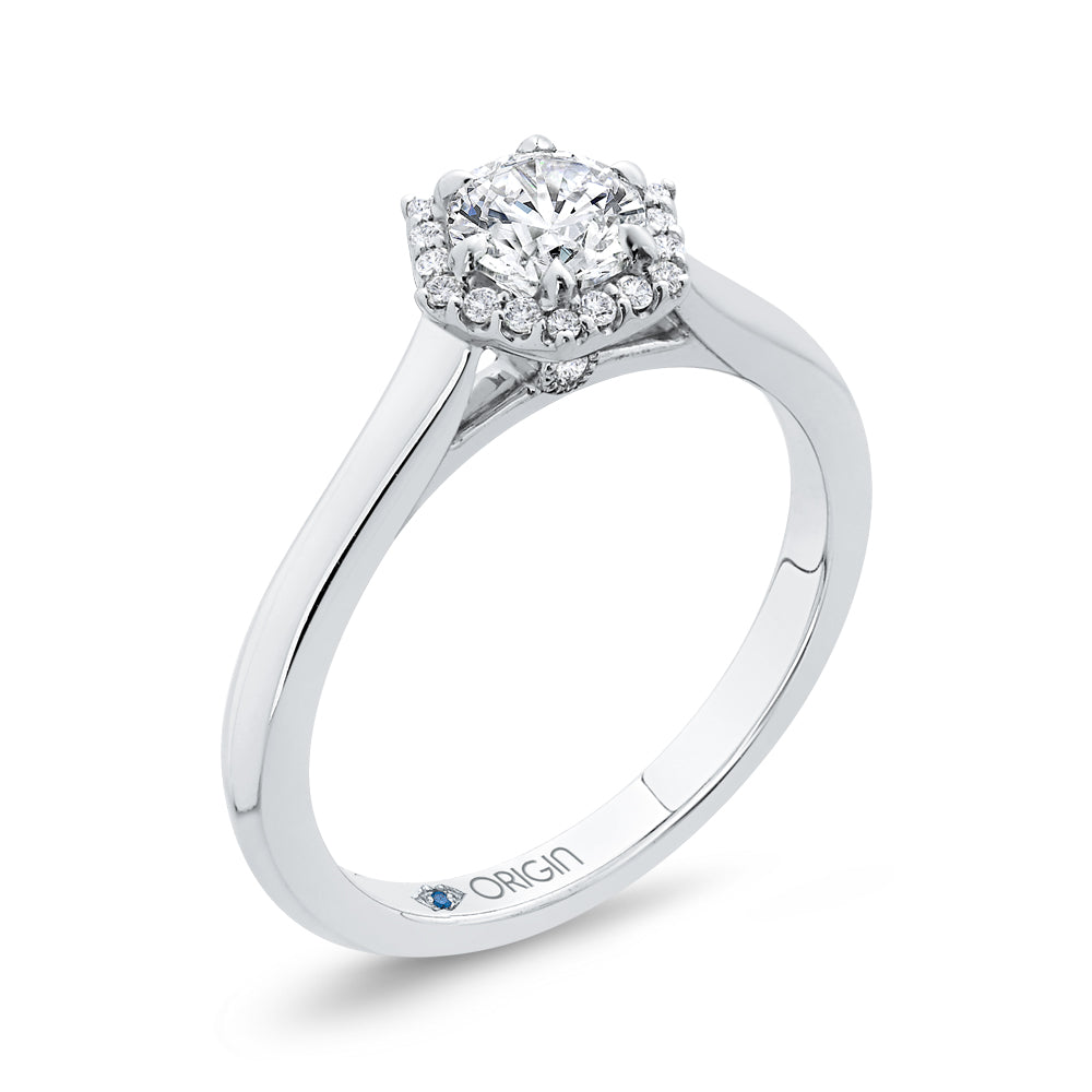 14K White Gold Round Diamond Hexagon Shape Halo Engagement Ring