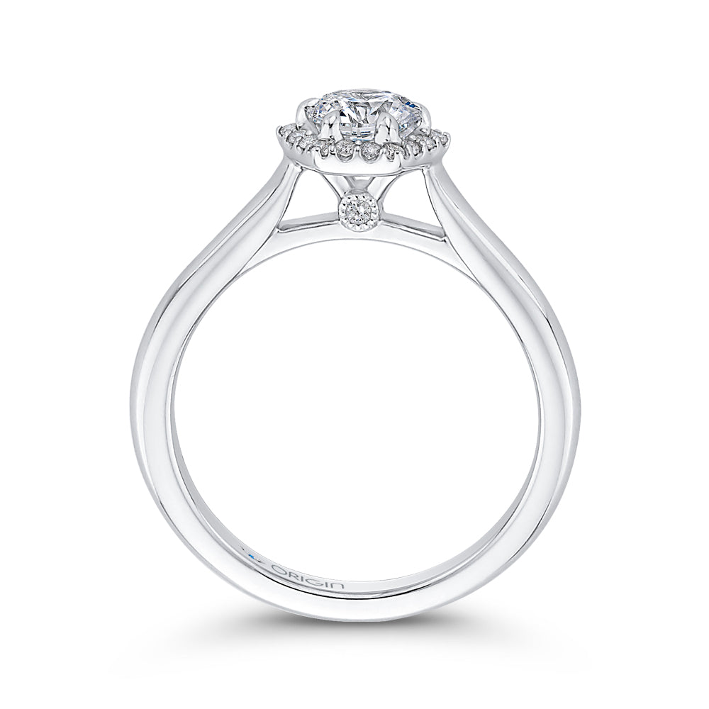 14K White Gold Round Diamond Hexagon Shape Halo Engagement Ring