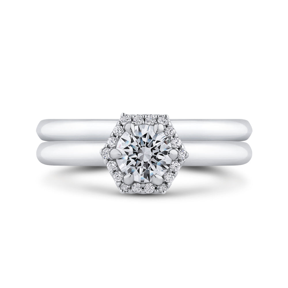 14K White Gold Round Diamond Hexagon Shape Halo Engagement Ring