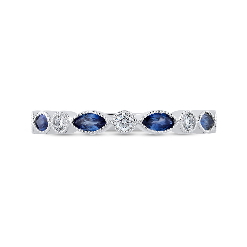 14K White Gold Round Diamond Wedding Band with Marquise Sapphire