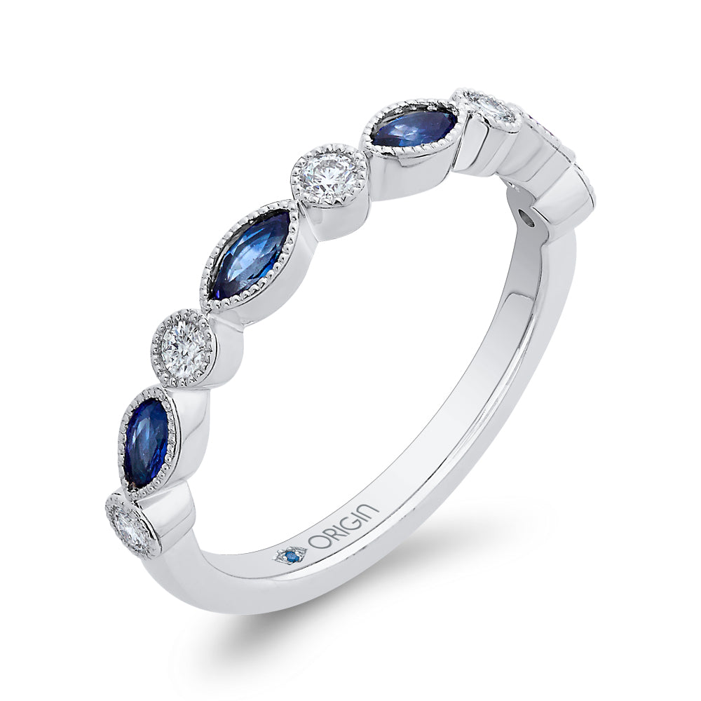 14K White Gold Round Diamond Wedding Band with Marquise Sapphire