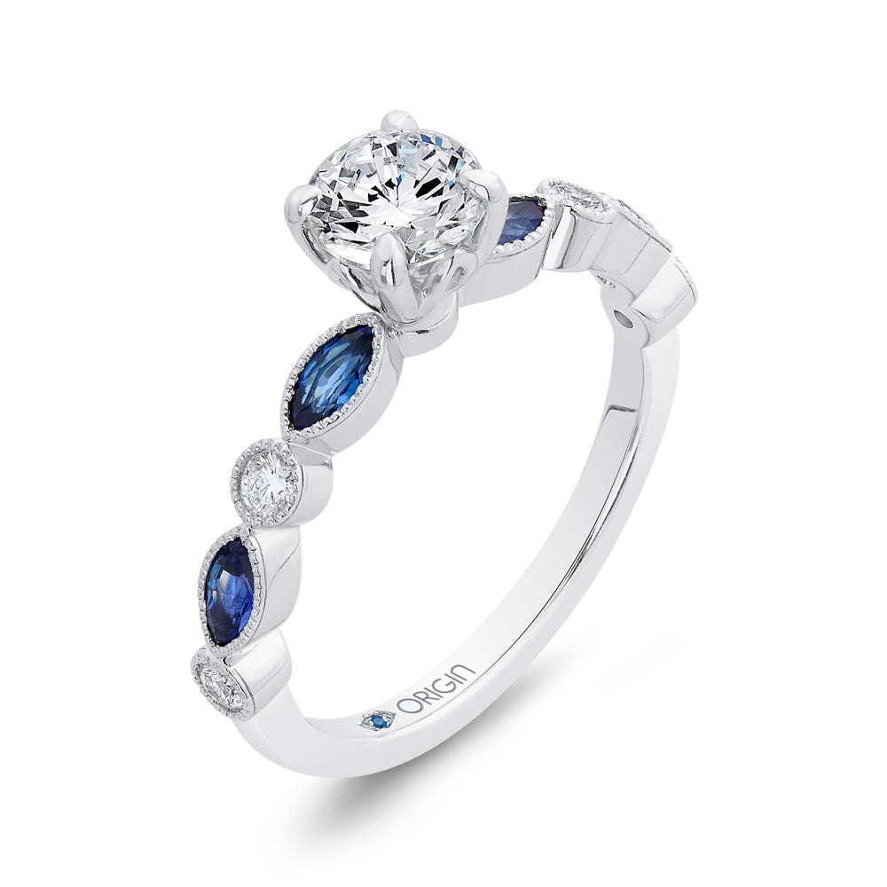 14K White Gold Round Diamond Engagement Ring with Pear Sapphire