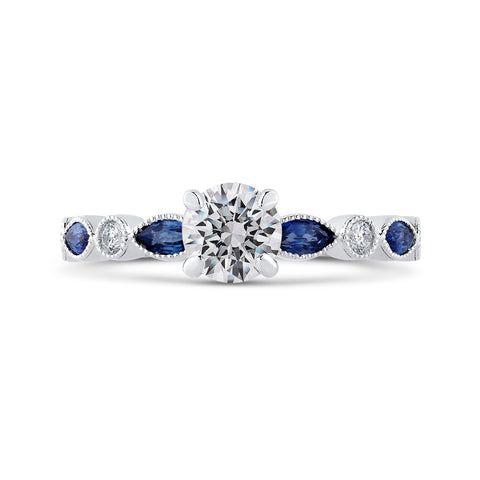 14K White Gold Round Diamond Engagement Ring with Pear Sapphire