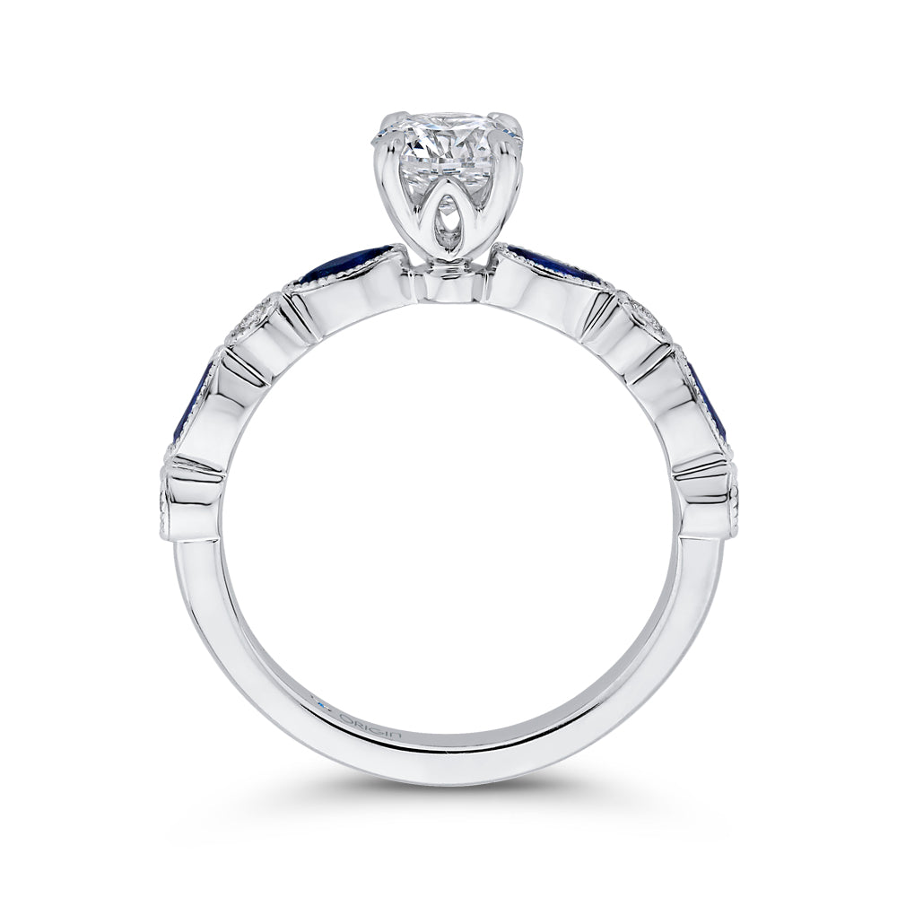 14K White Gold Round Diamond Engagement Ring with Pear Sapphire