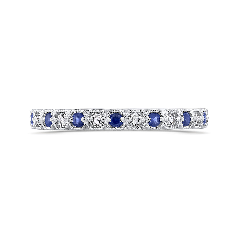 14K White Gold Round Diamond Half-Eternity Wedding Band with Sapphire
