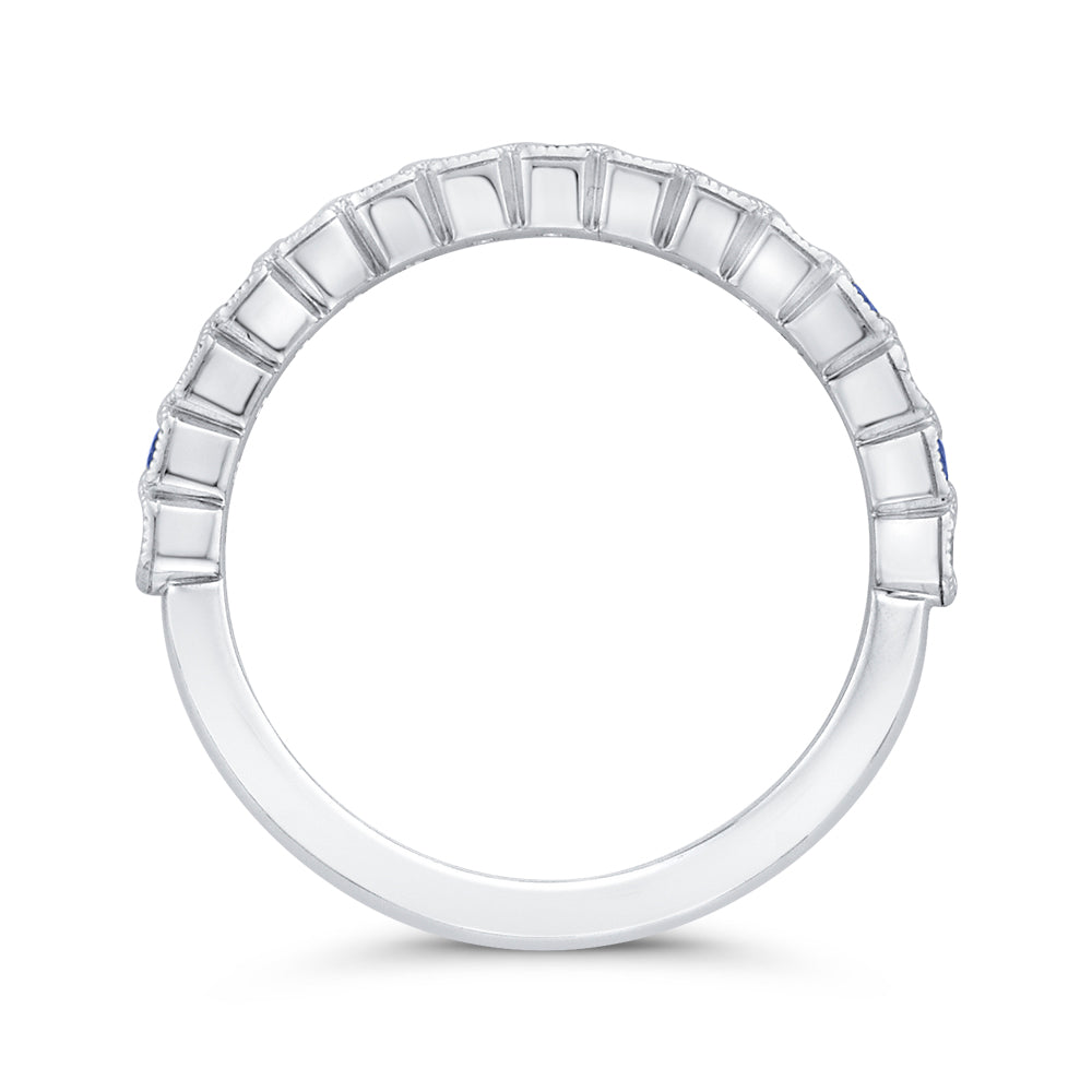 14K White Gold Round Diamond Half-Eternity Wedding Band with Sapphire
