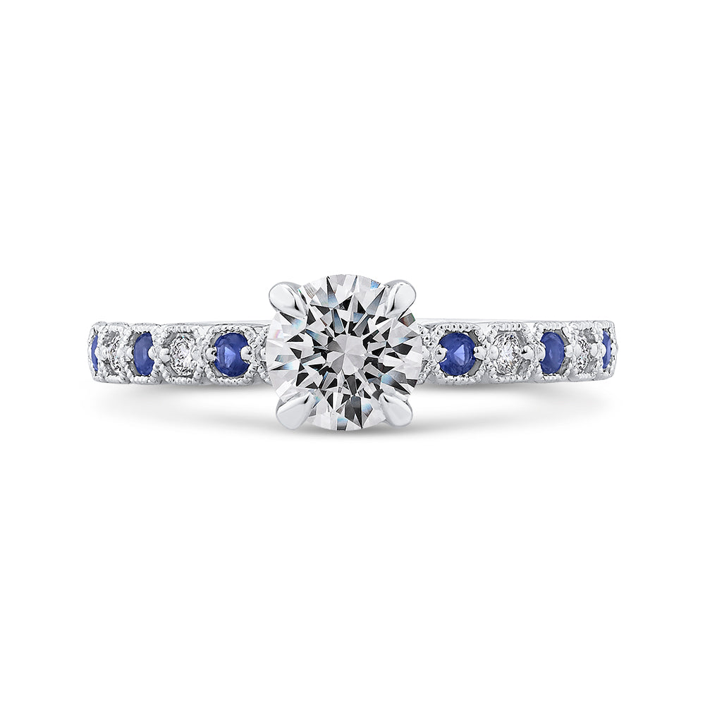 14K White Gold Round Diamond Engagement Ring with Blue Sapphire